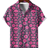 Men's Pink Shirt with Skulls and Daisies