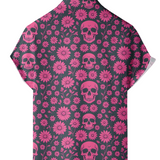 Men's Pink Shirt with Skulls and Daisies