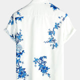 Men's White Casual Shirt with Blue Flowers