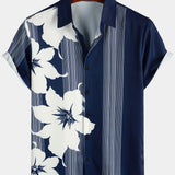 Men's Navy Aloha Shirt with Flowers and Stripes
