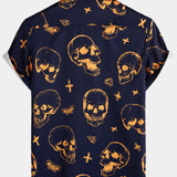 Men's Navy Aloha Shirt with Skulls