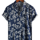 Bruce Retro Men's Short Sleeve Shirt with Flowers – Navy