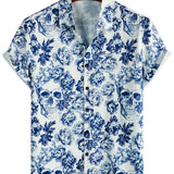 Russell Men's Short Sleeve Shirt with Skull and Flower Motif – Blue