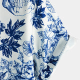 Russell Men's Short Sleeve Shirt with Skull and Flower Motif – Blue