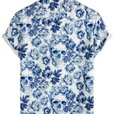 Russell Men's Short Sleeve Shirt with Skull and Flower Motif – Blue