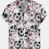 Men's Pink Shirt with Skulls and Flowers