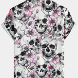 Men's Pink Shirt with Skulls and Flowers