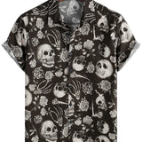 Russell Men's Pink Skulls and Flowers Short Sleeve Shirt – Brown