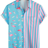 Men's Blue Shirt with Flamingos and Stripes