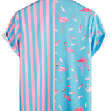 Men's Blue Shirt with Flamingos and Stripes