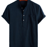 Larry Men's Short Sleeve Shirt with Mandarin Collar and Chest Pocket